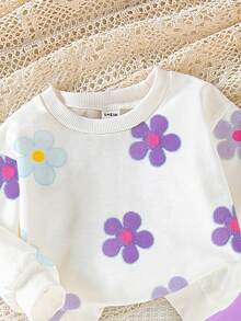 SHEIN Playful Pals 1 套女婴休闲时尚可爱花卉印花圆领运动衫和紧身裤套装，紫色，秋冬 - 彩色 - 查看 3