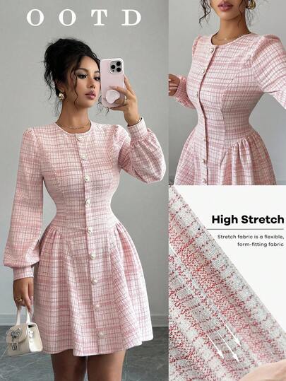 Elenzga 新款女式圆领泡泡袖前开褶 A 字型时尚优雅甜美休闲迷你连衣裙，适合春秋季