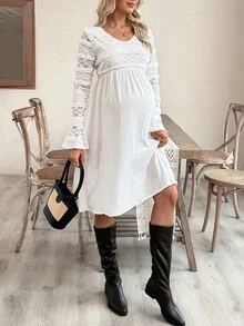 SHEIN 蕾丝拼布喇叭袖 V 领中长连衣裙 - 白色 - 查看 6