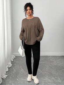 SHEIN LUNE CURVE Plus Size Casual Round Neck Long Sleeve Letter Embroidered T-Shirt - Brown - View 8