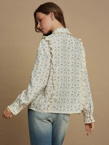 WESTFADE Mixed Media Striped Floral Bow & Railroad Stripe Printed Collared Button Front Relaxed Boxy Fit Ruffle Button Up Shirt Casual Cute Fall Boho Top Country Western Wear Concert Outfit