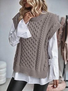 EMERY ROSE 女士纯色圆领宽松休闲针织毛衣背心，秋冬新年衣服 - 淺灰紫 - 查看 6