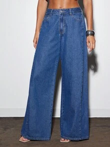 Denimoi Pleated Waist Wide Leg Mid Rise Denim Jeans - Medium Wash - View 3