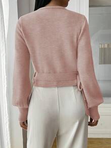 Balvessa Floral Wrap-Style Cropped V-Neck Tie-Waist Long Puff Sleeve Casual Elegant Women Sweater - Pink - View 2