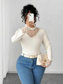 Elenzga Áo len dệt kim tay dài phối ren cỡ lớn dành cho nữ, mùa thu/đông - Màu be - Xem 5