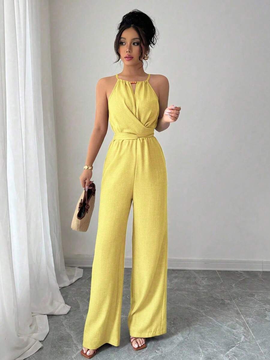 Elenzga Women's Casual Khaki Wrinkle Fabric Halter Design Beaded Waist Button Tie Long Jumpsuit, Spring/Summer - Yellow - View 1