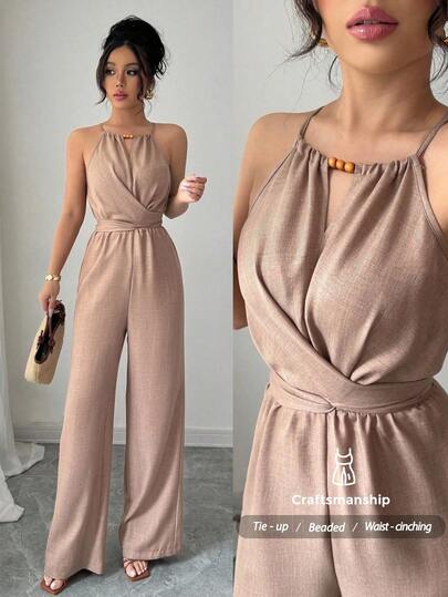 Selianne Mono informal de mujer de tela arrugada caqui con cuello halter, cintura con cordón y cuentas, ideal para primavera/verano