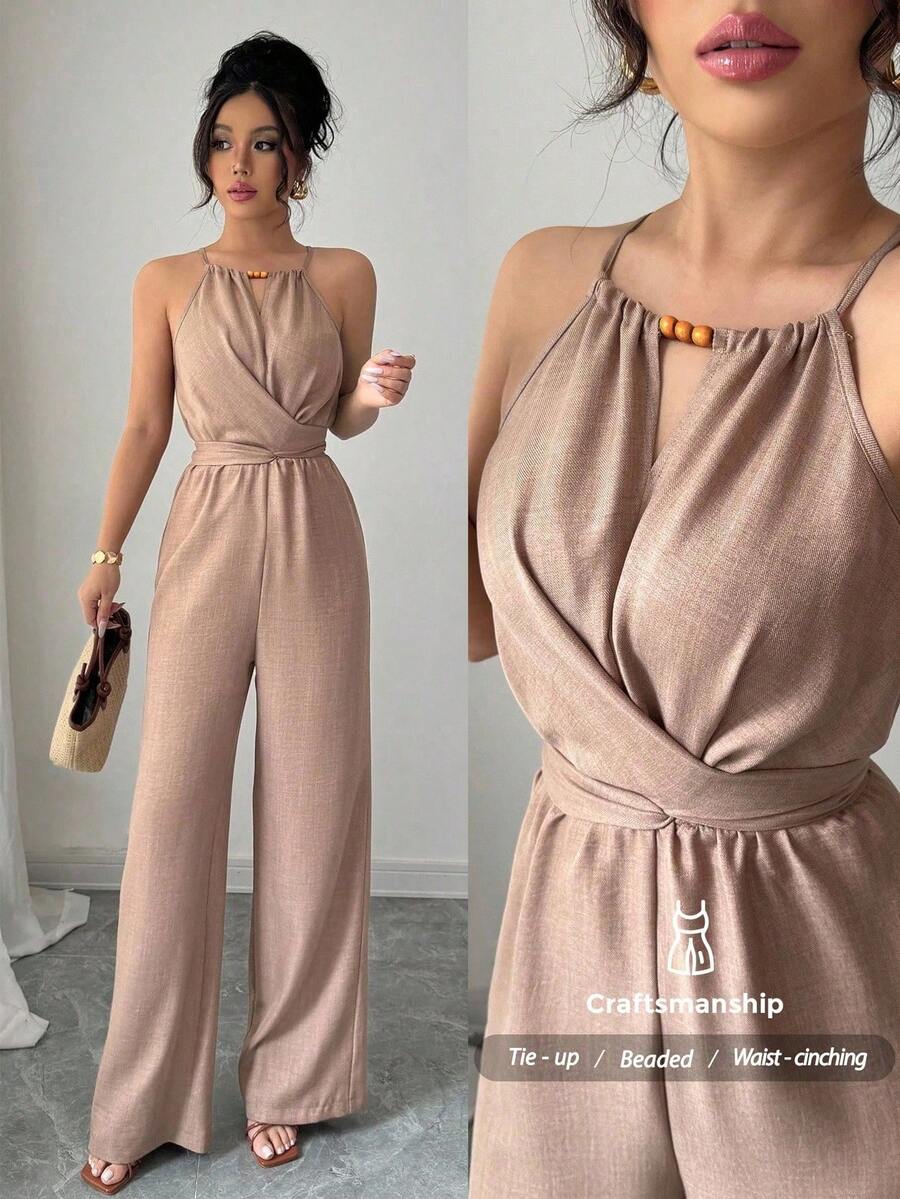 Selianne Women's Casual Khaki Crinkle Fabric Halter Neck Beaded Drawstring Waist Jumpsuit, Spring/Summer - Khaki - View 1