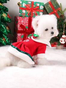 PETSIN 1pc Cat And Dog Clothes, Cute Red And Green Christmas Bell Snow Flower Dress, Autumn And Winter Pet Thick Warm Christmas Day Outfit - Red - View 5