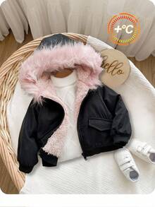 SHEIN 女宝宝可爱百搭保暖内衬连帽毛领夹克，秋冬 - 彩色 - 查看 2