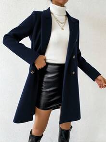 SHEIN PETITE Women's Fashionable Double-Breasted Notched Collar Overcoat, Autumn - Navy Blue - View 4