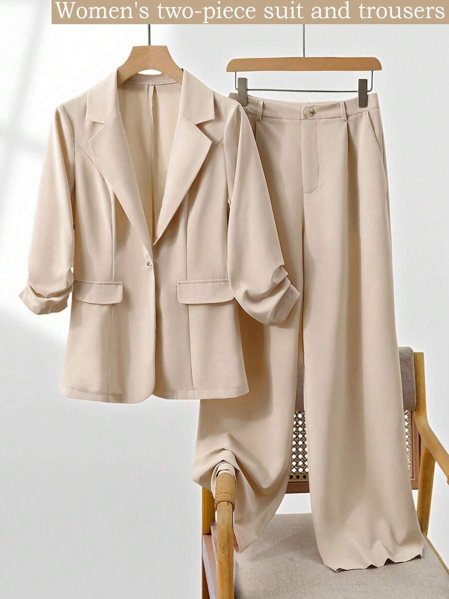 Franclia New Autumn And Winter Two-Piece Suit, Elegant Urban Fashion, Commuting Versatile Casual Design, Pleated Three-Quarter Sleeves, Light Khaki Color, Spring And Autumn High-End Solid Color Women's Suit, Autumn Outing Clothing Matching, Women's Office Casual Suit - Khaki - View 1