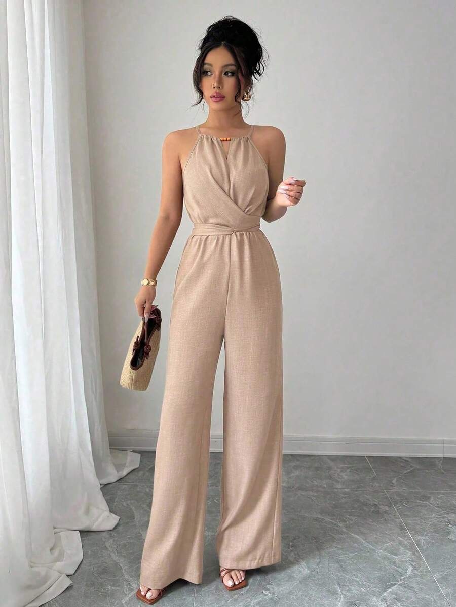 Elenzga 女式休闲卡其色褶皱面料无袖串珠设计系带连体裤，春夏