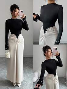 Selianne Elegantes, damenhaftes Maxikleid mit Perlenverzierung und plissierter Taille, raffiniertes und stilvolles einfarbiges Design, geeignet für Geburtstagsfeiern, formelle Anlässe, Dates, Langarm Maxikleid - Schwarz - Übersicht 1