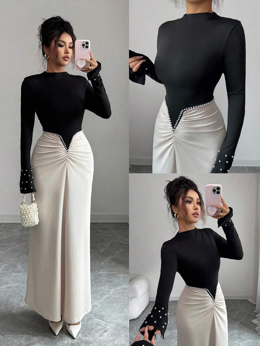 Selianne Elegantes, damenhaftes Maxikleid mit Perlenverzierung und plissierter Taille, raffiniertes und stilvolles einfarbiges Design, geeignet für Geburtstagsfeiern, formelle Anlässe, Dates, Langarm Maxikleid - Schwarz - Übersicht 1