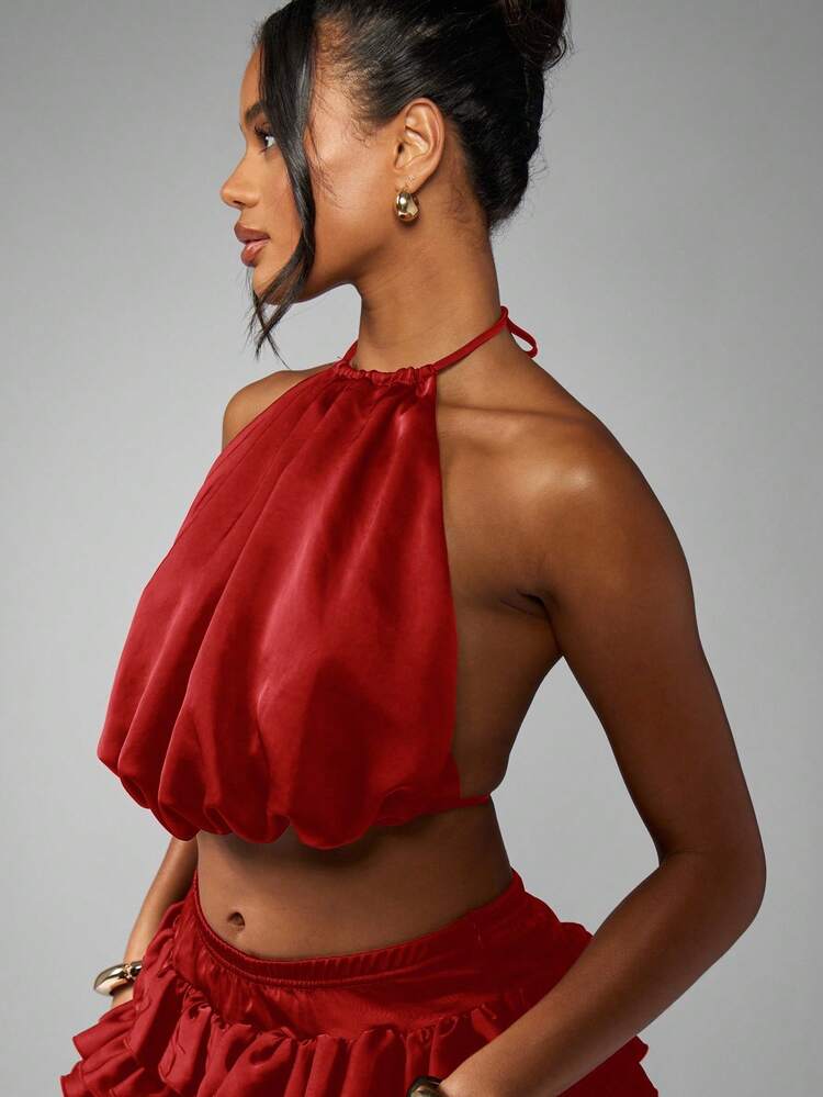MISSGUIDED Two Piece Satin Ruffle Skirt Set Backless Halter Neck Crop Top Summer Beach Festival Club Party Holiday Evening Outfit - Red - View 5