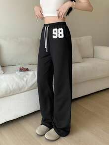 TEENGIRL 黑色低腰运动裤，休闲数字印花街头风格长裤，适合所有季节 - 黑色 - 查看 6