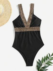 SHEIN Swim Viền tương phản Đồ bơi một mảnh - màu đen - Xem 8