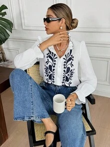 2026 Camisa casual de mujer de manga larga con bordado de plantas y abotonadura sencilla, blusas elegantes de mujer, camisa de algodón puro, blusas de mujer, blusas bohemias, estilo francés, blusa occidental, blusa con bordado floral, blusas elegantes de mujer, blusa con volantes - Azul y blanco - Ver 5