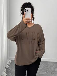 SHEIN LUNE CURVE Plus Size Casual Round Neck Long Sleeve Letter Embroidered T-Shirt - Brown - View 4
