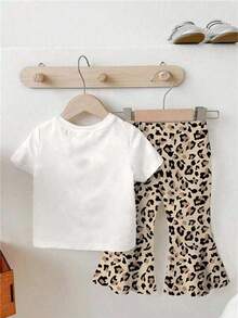 SHEIN Playful Pals 女童豹纹字母图案喇叭裤套装，可爱休闲，适合外出 - 彩色 - 查看 2