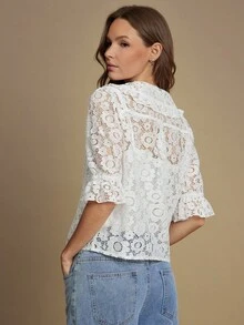 WESTFADE 花卉钩编蕾丝荷叶边领口纽扣前襟短泡泡袖宽松上衣，适合秋季、冬季穿着，波西米亚风、可爱风、西部风，适合纳什维尔乡村音乐会等场合