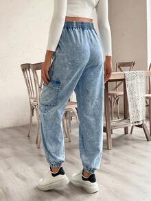 SHEIN 孕妇休闲松紧腰锥形牛仔裤 - 淺色水洗藍 - 查看 2