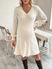 SHEIN Pregnant Women's V-Neck Long Sleeve Casual Knitted Dress With Cable Pattern, Autumn - Apricot - View 5