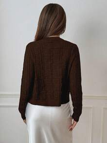 SHEIN PETITE 女士休闲长袖单排扣针织开衫，秋冬 - 咖啡棕 - 查看 2