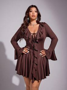 Viva Relle Elegant Waist Cinching Ruffle Hem Tie Front Plus Size Dress