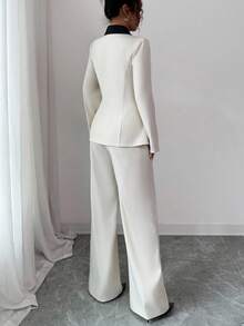 Selianne Bộ vest dáng chữ A dài tay màu tương phản thanh lịch dành cho nữ, thích hợp mặc hàng ngày, đi làm và nhiều dịp khác nhau, mùa xuân/thu - Màu be - Xem 2