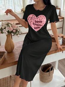 SHEIN Heart Textured Hem Casual Women Nightgown, Moo Moo Night Dress - Black - View 6