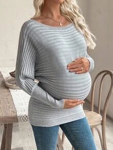 SHEIN Maternity Solid Color Crew Neck Pullover Sweater, Knitted Batwing Long Sleeve Boat Neck Ribbed Sweater For Autumn/Winter - Grey - View 5