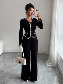 Selianne Vintage V-Neck Elegant Button Decorated Long Sleeve Blouse With Pockets, Contrast Trim, Retro Pockets, Contrast Trim, Vintage Black, Sophisticated Commuter Casual Office 2 Pieces Set