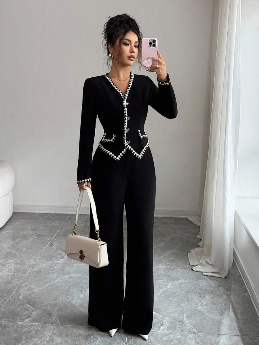 Selianne Vintage V-Neck Elegant Button Decorated Long Sleeve Blouse With Pockets, Contrast Trim, Retro Pockets, Contrast Trim, Vintage Black, Sophisticated Commuter Casual Office 2 Pieces Set