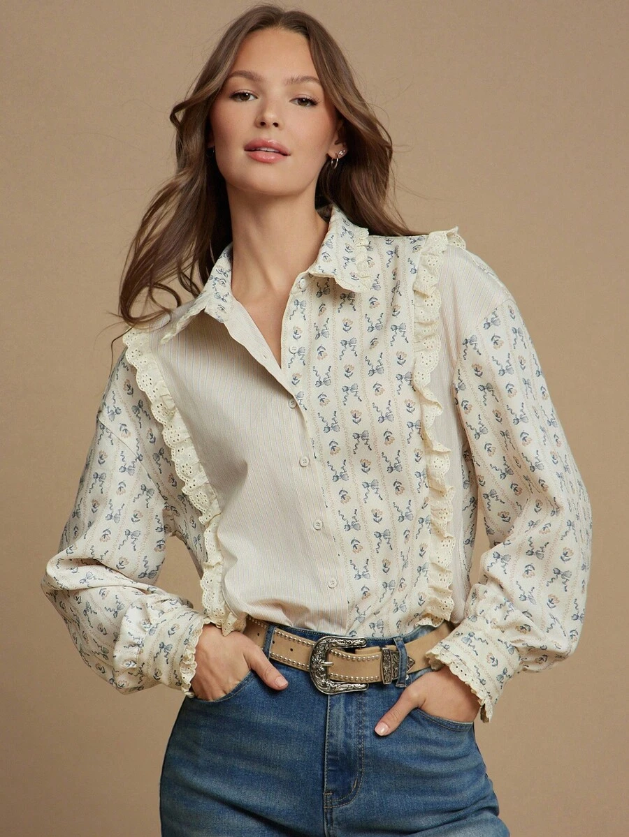 WESTFADE Mixed Media Striped Floral Bow & Railroad Stripe Printed Collared Button Front Relaxed Boxy Fit Ruffle Button Up Shirt Casual Cute Fall Boho Top Country Western Wear Concert Outfit