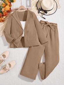 SHEIN 2pcs/Set Girls Casual Khaki Pants And Long Sleeve Jacket, Versatile Daily Wear, Spring/Autumn Fall Winter - Camel - View 4