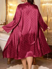 Bộ váy ngủ và áo choàng hình trái tim jacquard thanh lịch cỡ lớn, lụa giả, quần áo thu đông - Màu Đỏ Sâu - Xem 2