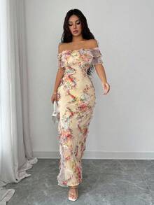 Elenzga 优雅荷叶边露肩修身腰身连衣裙，采用 3D 花卉网眼面料，浪漫 - 彩色 - 查看 5