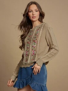 WESTFADE Mixed Stitch Round Neck Relaxed Fit Country Western Floral Embroidered Cable Knit Sweater Cute Fall Boho Top - Apricot - View 1