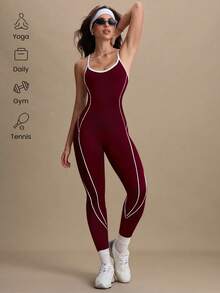 SHEIN Dewbera Bộ đồ liền thân đan chéo lưng liền mạch cho nữ, thể thao - Màu Đỏ Sâu - Xem 5