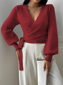 EMERY ROSE Floral Wrap-Style Cropped V-Neck Tie-Waist Long Puff Sleeve Casual Elegant Women Sweater - Burgundy - View 3