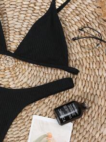 Swim SXY Summer Beach Solid High Cut Bikini - Black - View 5