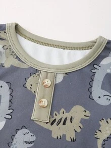 Toddler Boys' Dinosaur Cartoon Print Long Sleeve Bodysuit And Long Pants Set, Comfortable Soft Fabric Suitable For Baby Boy Casual Wear