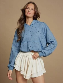 WESTFADE Áo hoodie tay dài dáng ngắn in hình ngôi sao, chất liệu vải French Terry mài bạc, viền phồng, kiểu dáng thường ngày, dễ thương, phong cách boho mùa thu, áo kiểu cao bồi, trang phục miền Tây đồng quê. - Màu xanh lam - Xem 3