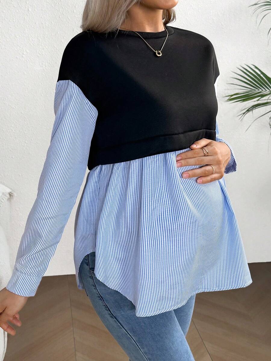 SHEIN Striped Patchwork Casual Maternity Sweatshirt - Black - View 1