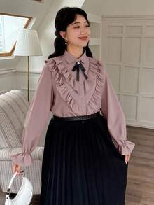 SHEIN 少女优雅宫廷风纯色彼得潘领荷叶边袖休闲长袖衬衫，粉色 - 粉色 - 查看 5