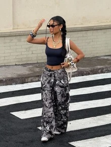 SHEIN EZwear Quần ống rộng túi hộp họa tiết cành cây thường ngày cho nữ - Nhiều màu - Xem 6