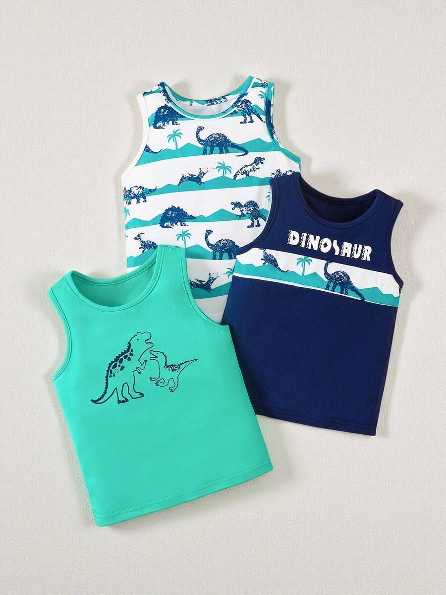 SHEIN Playful Pals 3 件套男婴恐龙图案圆领休闲背心套装，夏季 - 薄荷綠 - 查看 1