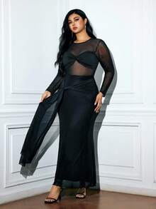 Viva Relle Rochie de seară pentru femei de mărime mare, cu guler rotund, mânecă lungă, model Patchwork, cu nod răsucit, sexy, cu tiv în formă de coadă de pește